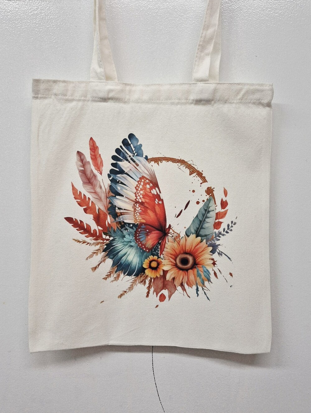 🏷3/$12 Boho Sunflower Butterfly Floral Feathers Autumn Canvas Tote Bag